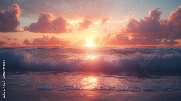 Fototapeta A beautiful sunrise over the ocean with waves crashing on the shore.