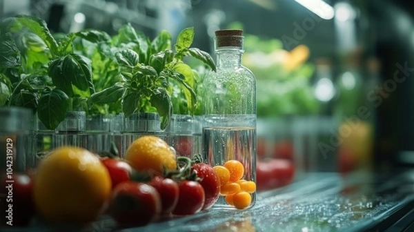 Fototapeta Closeup of fresh produce with herbs, lemons, and tomatoes in a modern kitchen.