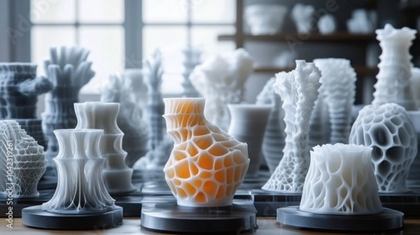 Obraz A collection of 3D printed objects in various shapes and sizes, with a single orange object in the foreground.