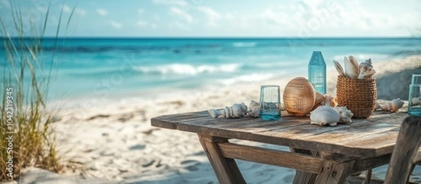 Fototapeta Wooden table with seashells and glasses on a sandy beach with ocean in the background.