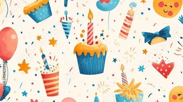 Obraz Seamless pattern with birthday cake, balloons, candles, confetti, and stars on white background.