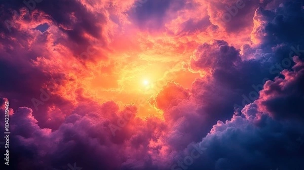 Obraz A vibrant, colorful sunset sky with sun shining through the clouds.