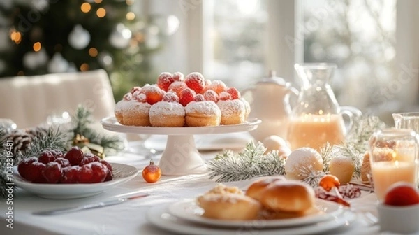 Obraz A festive Christmas table setting with a selection of pastries, fruit, and candles.