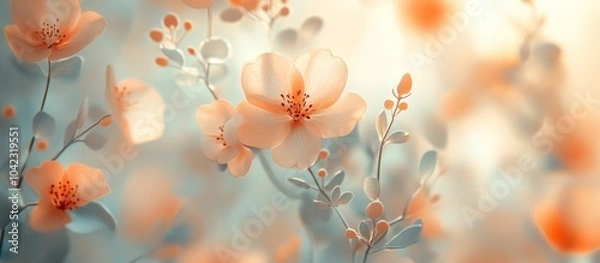 Fototapeta Soft focus image of delicate, light pink blossoms on a tree branch with a blurred green background.