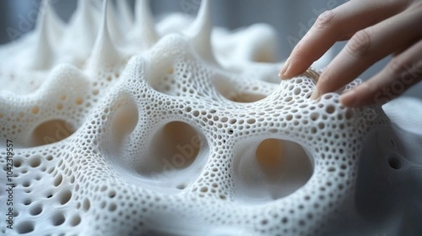 Fototapeta A hand gently touches a 3D printed model with a textured, organic surface.