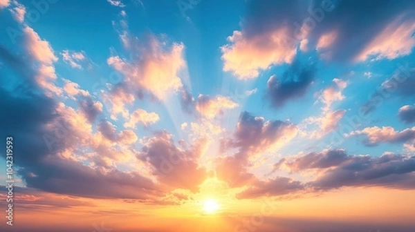 Obraz A vibrant sunset with orange, pink, and blue hues fills the sky with fluffy clouds and golden rays of sunlight.