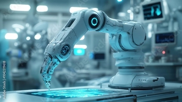Obraz A robotic arm with a blue light on the tip, working in a laboratory setting.