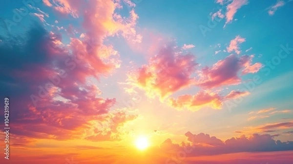 Fototapeta A vibrant sunset with warm colors filling the sky with puffy clouds.