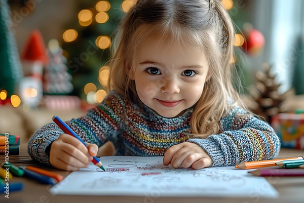 Fototapeta A child writes a heartfelt letter to Santa, filled with cute drawings, using colorful crayons, surrounded by Christmas decorations in a cozy winter setting.

