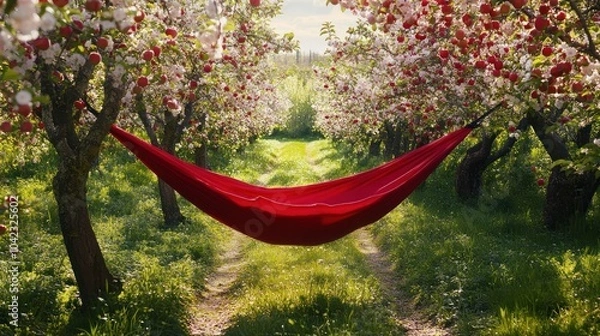 Fototapeta Red Hammock in a Blossoming Orchard