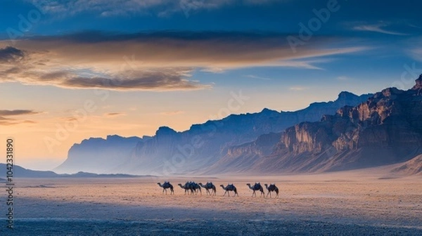 Obraz Saudi tourism, sunset mountains, winter in Tantora, Saudi Arabia, a herd of camels in the heart of the Al-Ula desert