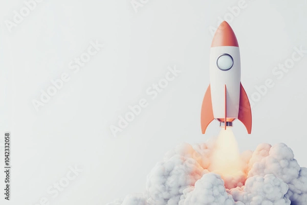 Obraz Cartoonish rocket launching from fluffy clouds with a minimalistic background.