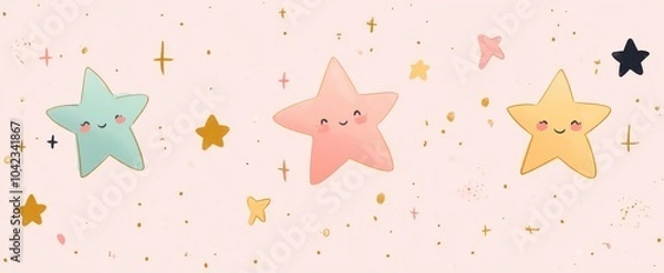 Fototapeta Playful and whimsical stars design with hand-drawn minimalist style in pastel colors on soft pink background