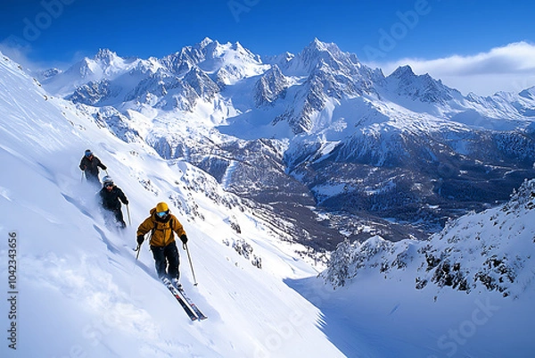 Fototapeta Skiers navigating down snowy mountain slopes, with stunning winter mountain views and a clear sky, enjoying an exciting day of skiing.

