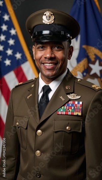 Fototapeta A proud and confident smiling African-American veteran depicted in a military uniform Generated