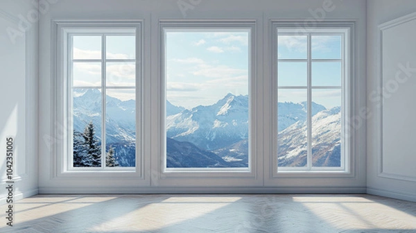 Fototapeta Empty living room with wooden floor and a large window with mountains view in winter season