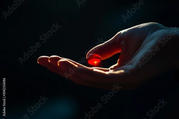 Fototapeta Hand holding a single red pill, on a black background, bright light, close-up view 1