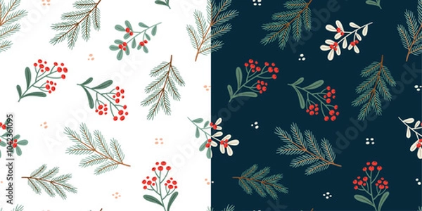 Fototapeta Christmas winter pattern with plants, branches of the tree