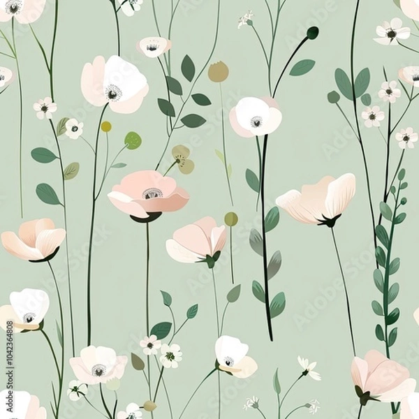 Fototapeta Delicate floral pattern featuring soft blooms on a muted green background, ideal for fabric or wallpaper designs
