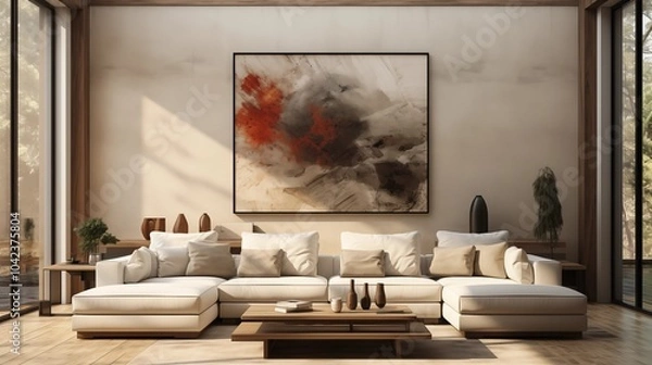 Fototapeta This minimalist living room showcases a modular sofa and an abstract art frame, adding a stylish touch to the beige backdrop.