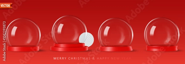 Obraz Set of empty 3d glass snow globes isolated on red background with space for custom designs. Christmas decorative podium with transparent glass dome for products studio. Vector illustration snow ball.