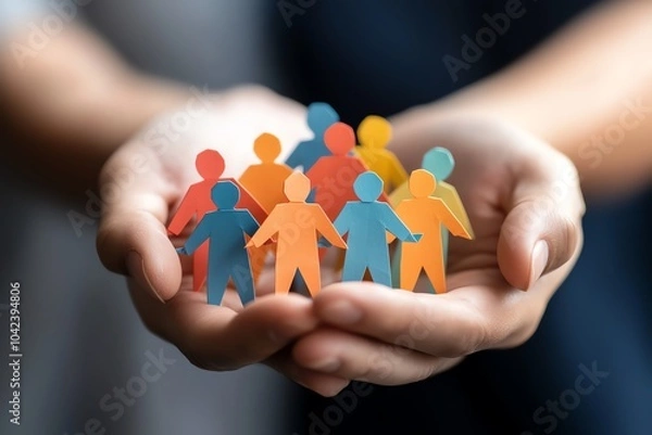 Obraz Hands holding colorful paper cutout people, symbolizing unity, teamwork, and community in a diverse and inclusive environment.