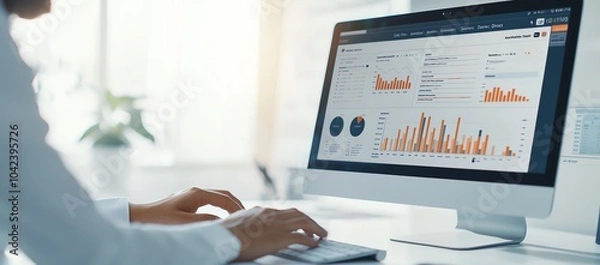 Obraz Person analyzing data on computer screen, showing charts and graphs in a bright office environment, focusing on technology and performance.
