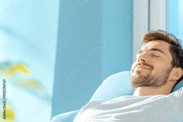 Fototapeta Relaxed man enjoying sunlight while sitting indoors, showcasing comfort and serenity in a modern, peaceful setting.