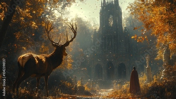 Obraz Majestic stag stands in a mystical forest clearing facing a cloaked figure near an ancient, gothic cathedral