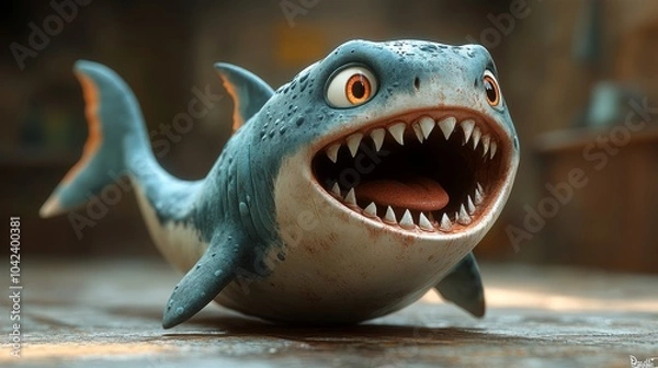 Fototapeta Playful, cartoon-style shark with big eyes and wide mouth, displaying a cheerful and friendly expression