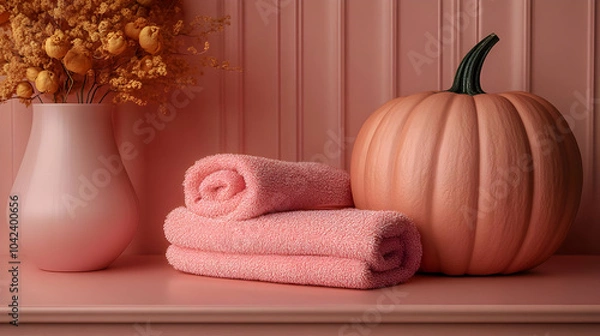 Fototapeta Pink Pumpkin and Towels on a Shelf with Dried Flowers