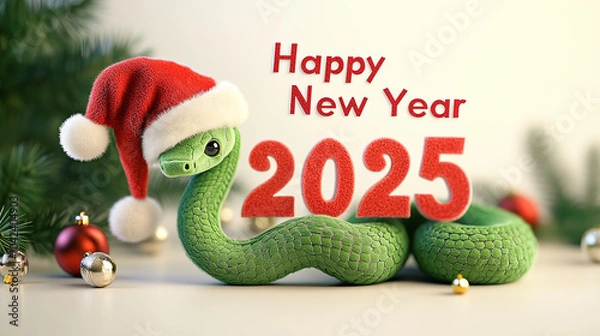 Fototapeta Green snake with a christmas tree. New year 2025