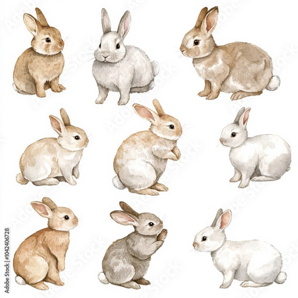 Fototapeta A cute bunny set featuring watercolor illustrations of funny rabbits playing with each other and exploring their surroundings. The bunnies are painted in light tones, creating a charming and whimsical