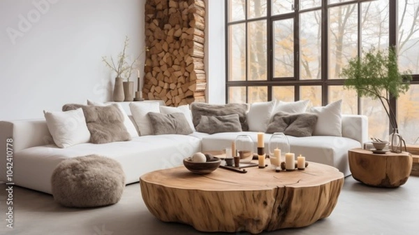 Fototapeta Scandinavian living room with rustic tree stump coffee table, white sofa, and minimalist modern decor.