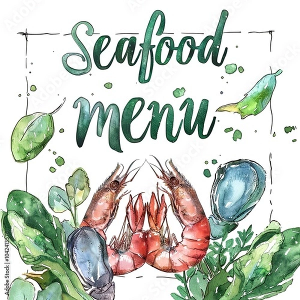 Obraz A colorful seafood menu illustration featuring shrimp, mussels, and leafy greens, perfect for a seafood restaurant or culinary event