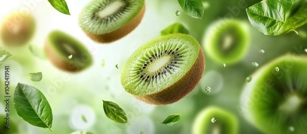 Fototapeta Fresh kiwi fruit slices and leaves falling in the air.