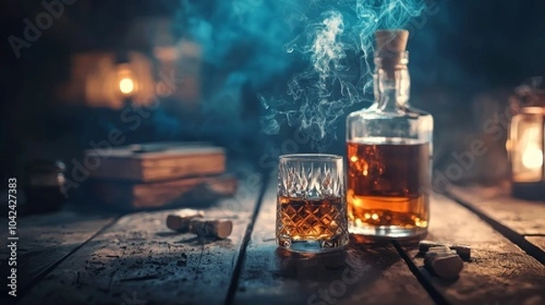 Fototapeta Whiskey glass and bottle with smoke on rustic wooden table
