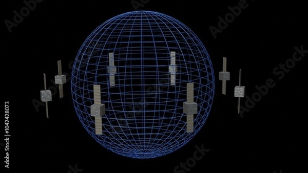 Obraz CubeSats orbiting planet. Nanosatellites circling around celestial body. Satellites around wire sphere. 3d render illustration