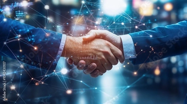 Fototapeta Businessmen shaking hands with a partner, symbolizing a deal, partnership, or business merger in a joint venture, emphasizing finance, investment, teamwork, and business success