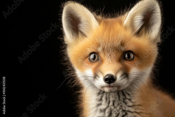 Fototapeta Mystic portrait of baby Red Fox in studio, copy space on right side, Headshot, Close-up View, isolated on black background