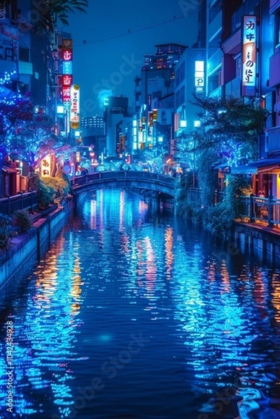 Fototapeta A vibrant night scene in a city with a canal running through it, lit up by colorful neon lights reflecting off the water.