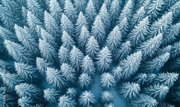 Obraz Aerial view of a snow-covered forest in winter, with pine trees forming a symmetrical pattern.