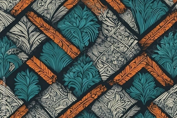 Fototapeta Rustic Patchwork Pattern with Teal and Orange Textures
