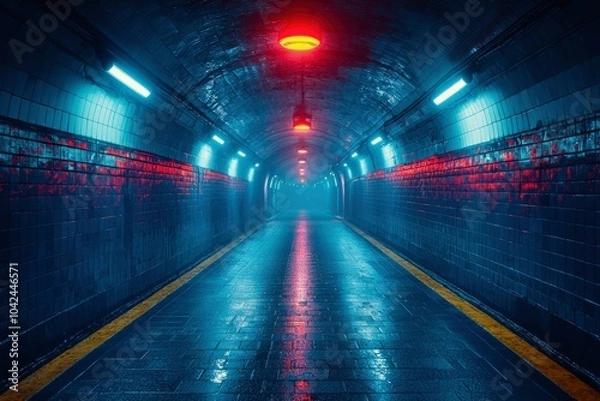 Fototapeta A Wet, Neon-Lit Tunnel with Red and White Lights