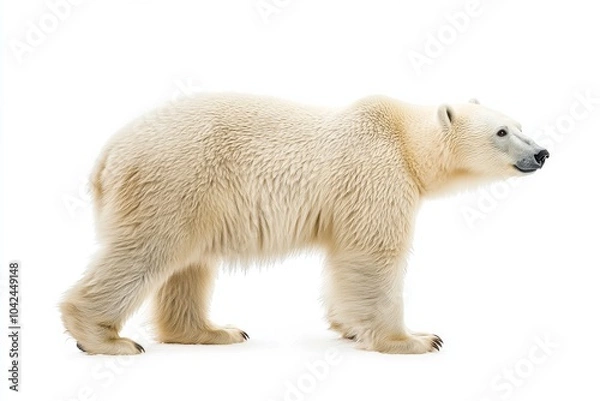 Fototapeta the beside view baby Polar Bear standing, left side view, low angle, white copy space on right, Isolated on White Background