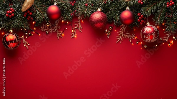 Fototapeta Red Christmas ornaments with evergreen branches and lights on red background