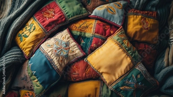 Obraz Colorful Patchwork Cushions on Cozy Blanket