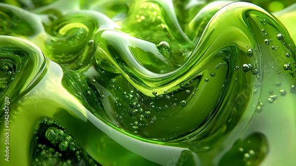 Fototapeta Abstract green liquid with bubbles and swirling textures.