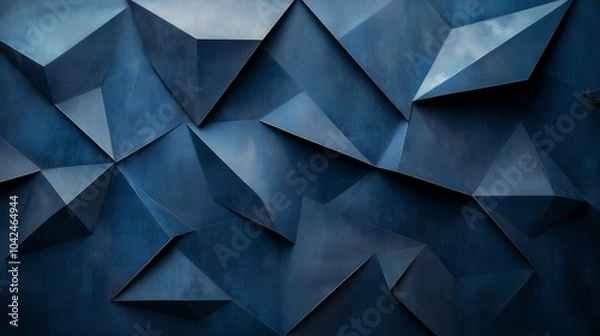 Fototapeta A blue wall with angular, abstract shapes in shades of grey and navy, resembling folded paper or origami forms