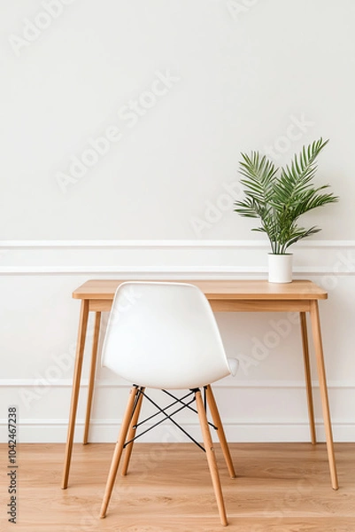 Fototapeta Minimalist workspace with modern desk and potted plant enhancing home office aesthetic